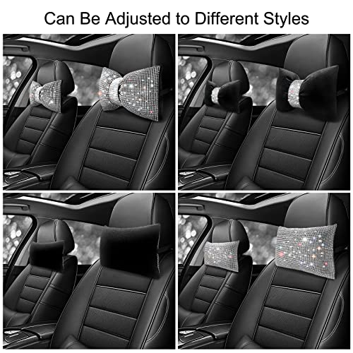 surpassme 2PCS Rhinestone Car Headrest Neck Pillow for Driving with Bling Bling Crystal Bow Pillow Car Accessories for Women (Silver/White)