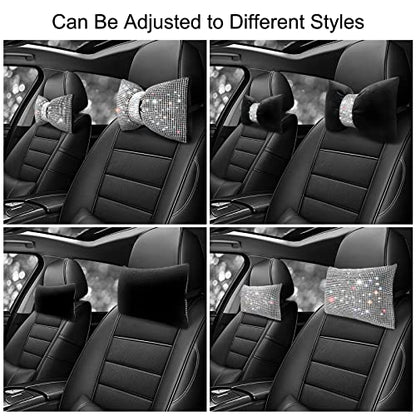 surpassme 2PCS Rhinestone Car Headrest Neck Pillow for Driving with Bling Bling Crystal Bow Pillow Car Accessories for Women (Silver/White)