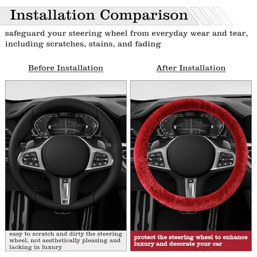 Furry Warm Steering Wheel Cover, Universal 14.5-15 Inch Winter Plush Warm Steering Wheel Cover, Soft Fluffy, Anti-Slip Design, Soft Texture (Red) - color: Red Plush