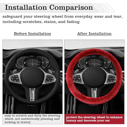 Furry Warm Steering Wheel Cover, Universal 14.5-15 Inch Winter Plush Warm Steering Wheel Cover, Soft Fluffy, Anti-Slip Design, Soft Texture (Red) - color: Red Plush