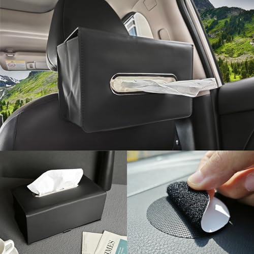 PU Leather Rectangle Tissue Box Cover for Car & Home Use,Car Tissue Box Holder for 110-144T Medium Size Tissues Fits for Kleenex for Headrest in Car Auto-Detachable Elastic Band - Black