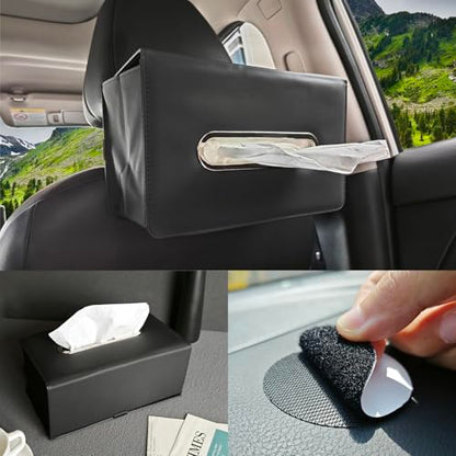 PU Leather Rectangle Tissue Box Cover for Car & Home Use,Car Tissue Box Holder for 110-144T Medium Size Tissues Fits for Kleenex for Headrest in Car Auto-Detachable Elastic Band - Black