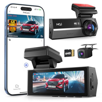 Dash Cams Front and Rear, NQJ 4K+2K Dual Dash Camera for Cars w 64GB Card, 5G Wi-Fi & App, G-Sensor, 3.2” Screen, 24H Parking Mode, 170°Wide Angle, Night Vision