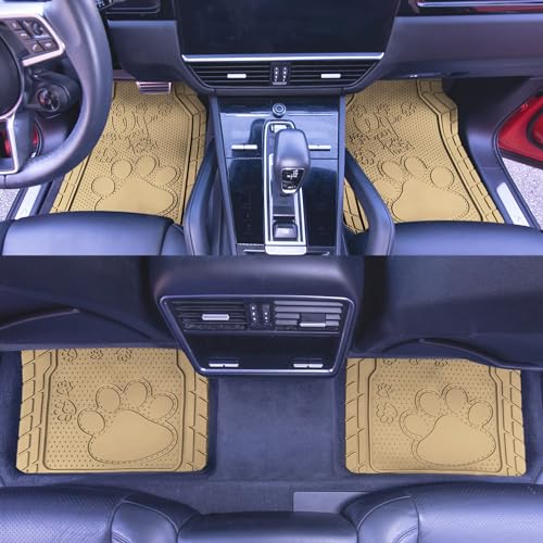 FH Group Car Floor Mats - Adorable Paw Print, Heavy-Duty Rubber Mats, Universal Fit Full Set, Climaproof, Trimmable, Fit Most Sedan, SUV, Truck - Beige - color: Beige