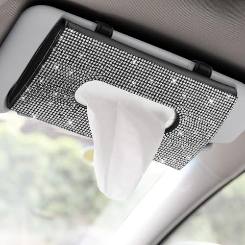 Bling Car Sun Visor Tissue Box Holder, Visor Accessories, Rhinestone PU Leather Crystal Sparkling Napkin Holder, Auto Sun Visor Paper Towel Cover Case Accessories for Most Cars (White) - color: White