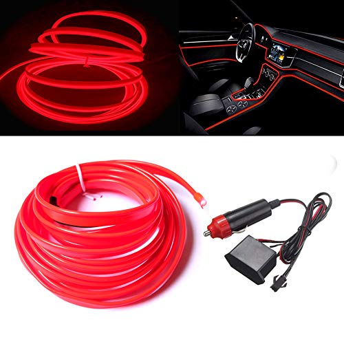 MaxLax Red LED Neon Car Interior Lighting Strip - 3 Meter Flexible 12V EL Wire with Built-in Fuse Protection for Automotive Interior Customization, Featuring 6mm Sewing Trim for Easy Installation. - color: Red, size: 9 ft
