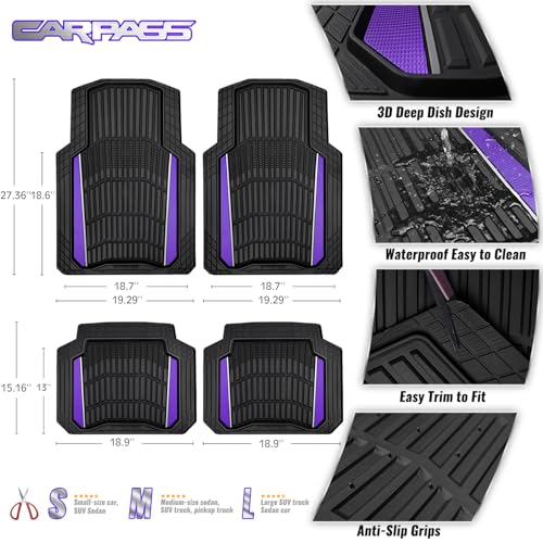 CAR PASS Heavy Rubber Car Floor Mats, Deep Waterproof Car Floor Mats All Weather, Aluminum Film Universal Trim to Fit for Cars SUV Trucks Sedans, Anti-Slip, Black Purple Metallic - color: Black Purple