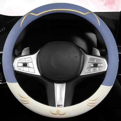 38cm Car Steering Wheel Cover, Universal 15 inch, Microfiber Breathable Ice Silk, Anti-Slip, Odorless, Easy to Install, Blue and White Contrast Design, Cute Cat for Girls, Ladies, Women - color: BLUE-WHITE