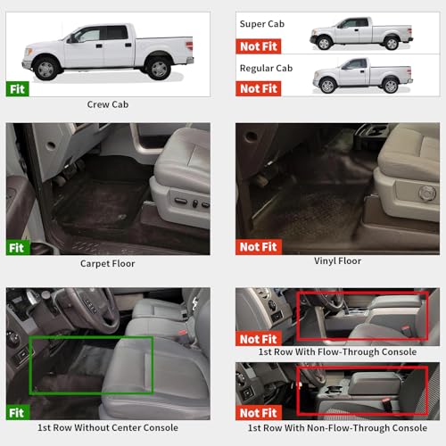 LASFIT Floor Mats for Ford F-150 2011-2014 SuperCrew 1st Row w/o Center Console Carpet Floor All Weather Protector Car Liners TPE Truck Mats, Front & Rear Rows, 3pcs Black