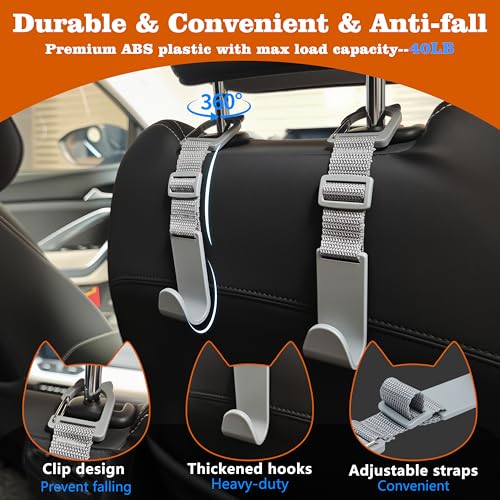 Amooca Car Headrest Hooks 4 Pack Adjustable Universal Fit Auto Seat Back Organizer Storage Hanger Purse Bags Holder with Clip Gray - color: Gray