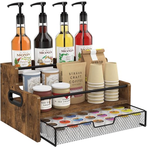 Coffee Syrup Organizer Rack, 3-Tier 8 Bottles Syrup Stand with 35 K Cup Storage Drawer for Coffee Station Bar Accessories, Countertop Wood Liquor Bottle Holder for Wine, Rustic Brown - color: Brown