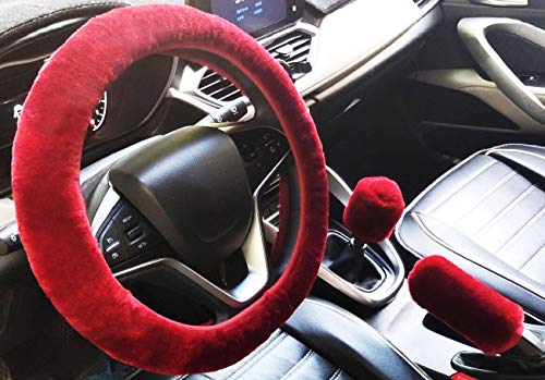 3Pcs/Set Fashion Faux Wool Fur Furry Steering Wheel Cover,Short Hair Soft Fluffy Handbrake Cover,Gear Shift Cover,Universal Thickening Fuzzy Warm Non-Slip Auto Interior (Manual,Wine red) - color: wine red, size: Manual