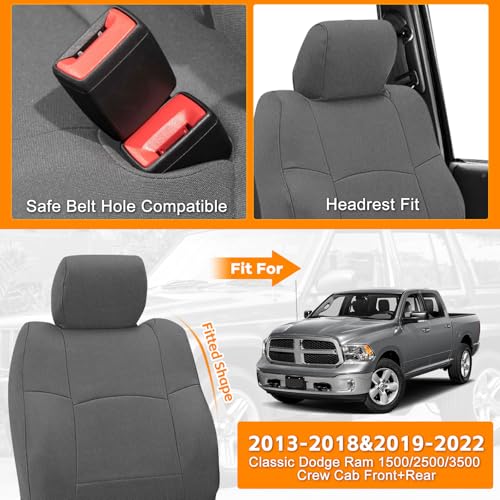 Seat Cover Compatible with 2013-2018 Dodge Ram & 2019-2022 Classic Ram Crew Cab, Neoprene Durability Truck Seat Cover, ONLY Fit Full Bench Rear Seat Without Armrest, NOT for 60/40 Seat - color: Gray, size: 2013-2022 Ram 1500/2500 Front & Rear