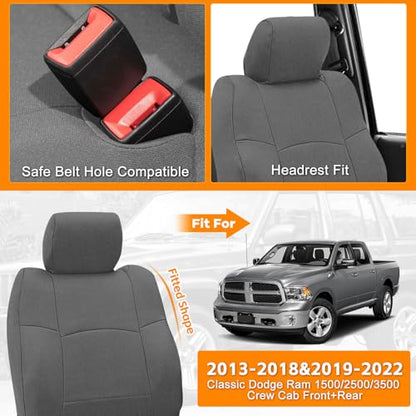 Seat Cover Compatible with 2013-2018 Dodge Ram & 2019-2022 Classic Ram Crew Cab, Neoprene Durability Truck Seat Cover, ONLY Fit Full Bench Rear Seat Without Armrest, NOT for 60/40 Seat - color: Gray, size: 2013-2022 Ram 1500/2500 Front & Rear