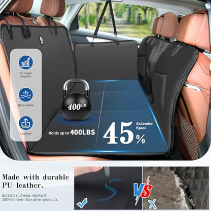 Tails & Tales Back Seat Extender for Dogs, Waterproof Dog Car Seat Cover with Hard Bottom, Upgraded Double-Thick PU Leather, Anti-Scratch, Supports up to 400 lbs, Safer, Easy to Use and Clean