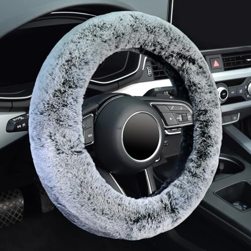 KAFEEK Frost Fluffy Microfiber Plush Steering Wheel Cover for Winter Warm, Universal 15 inch Soft Fuzzy Steering Wheel Cover,Cool Black - color: gray, size: Standard Size[14 1/2''-15'']