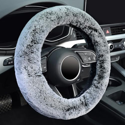 KAFEEK Frost Fluffy Microfiber Plush Steering Wheel Cover for Winter Warm, Universal 15 inch Soft Fuzzy Steering Wheel Cover,Cool Black - color: gray, size: Standard Size[14 1/2''-15'']
