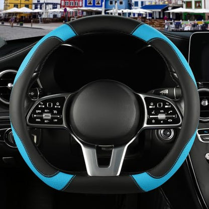 Microfiber Leather D Shaped Steering Wheel Cover, Breathable, Anti Slip, 13.5 inch to 14 inch, Black with Blue - color: Black Blue, size: D Shape-Small[13.5''-14'']