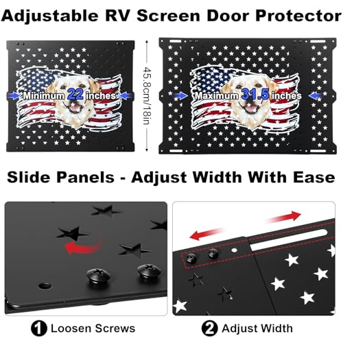 18" Adjustable RV Screen Door Protector for Dogs, Aluminum RV Screen Door Guard Grille, Fits 22"-31.5" Wide Camper Entry Doors Pet Scratch Shield Barrier with USA Flag Dog Head and Star Design