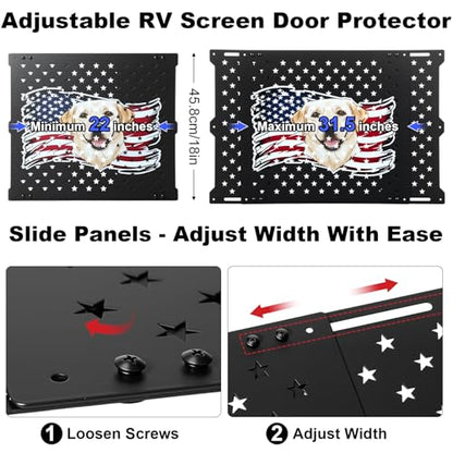 18" Adjustable RV Screen Door Protector for Dogs, Aluminum RV Screen Door Guard Grille, Fits 22"-31.5" Wide Camper Entry Doors Pet Scratch Shield Barrier with USA Flag Dog Head and Star Design
