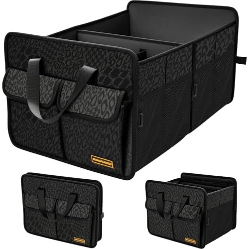 SIBOFUEGO Sturdy Car Trunk Organizer – Large Capacity Trunk Organizer for SUVs & Sedans, Hard-Shell One-Piece Design with Cute Print, Collapsible and Durable Car Organizers (Black Leopard 70L) - color: Black Leopard