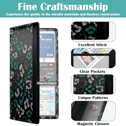 Car Registration and Insurance Holder with Magnetic Closure, Universal Document Organizer for License, Insurance Cards & Glove Box Storage (Leopard-Green and Silver) - color: Leopard-Green and Silver