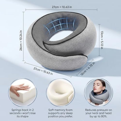 Memory Foam Neck Travel Pillow – 360° Adjustable Support, Breathable Washable Cover, Eye Mask & Earplugs, Carry Bag – Compact Airplane Pillow for Plane/Car/Train/Office (Grey) (Grey)