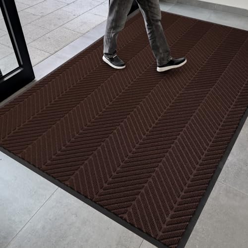 4′ x 6′ Heavy Duty Front Door Mat Indoor Outdoor Entrance, Easy Clean Non-Slip All Weather Commercial Floor Mat for Entryway, No Curling Waterproof Vinyl Welcome Mat (Dark Brown) - color: Dark Brown, size: 4' x 6' (Rectangular)