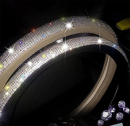 Bling Diamond Beige Leather Steering Wheel Cover Sparkly Crystal Glitter Rhinestones Car Wheel Protector for Women Girl fit Suvs,Vans,Sedans,Car,Trucks, 14.5-15in - color: Beige