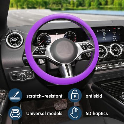 Car Steering Wheel Cover, 13 to 14.17 inches Non-Slip Silicone Steering Wheel Protector, Car Accessories Thin Soft Leather Texture Steering Wheel Protective Cover for Most Cars (Purple) - color: Purple