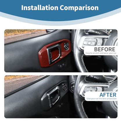 for Jeep JL Inner Door Handle Cover Bowl Trim for Jeep Wrangler JL JLU 2018 up for Gladiator JT 2020 up 2DR Red Carbon Fiber Grain Interior Accessories 2pcs
