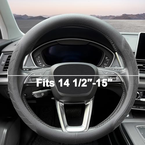 Nappa Leather Steering Wheel Cover, Elegant Diamond Checkered Design, Non-Slip wear-Resistant, Enhance Driving Comfort, Suitable for Steering Wheel Diameter 14 1/2‘-15’ Models.Black - color: Black