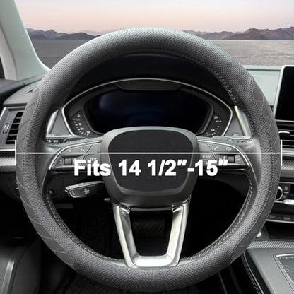 Nappa Leather Steering Wheel Cover, Elegant Diamond Checkered Design, Non-Slip wear-Resistant, Enhance Driving Comfort, Suitable for Steering Wheel Diameter 14 1/2‘-15’ Models.Black - color: Black