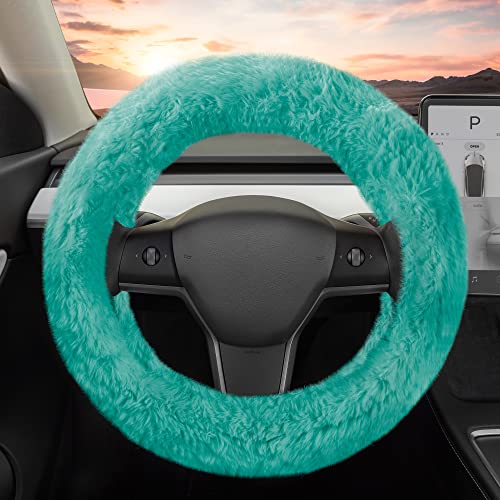 Carbella Aspen Mint Fuzzy Steering Wheel Cover for Women – Cute and Stylish Fluffy Fur Steering Wheel Cover for Cars Trucks Vans SUVs, Universal Fit for Wheel Sizes 14.5 to 15.5 inches - color: Fuzzy Mint