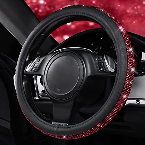 CAR PASS Red Diamond Black Leather Steering Wheel Cover, with Bling Crystal Rhinestones Universal Fit 14" 1/2-15" Crystal Glitter for Women Sparkle Girl Fit Suvs,Vans,Sedans,Cars,Trucks, Red Diamond - color: Red Diamond