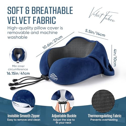 SkytraxComf® Travel Neck Pillow with Hood for Privacy on Long Flights | Memory Foam | Airplane Sleep | Safety-Tested Materials | Extra Large Hood | Chin Support | Earplugs | Washable Cover