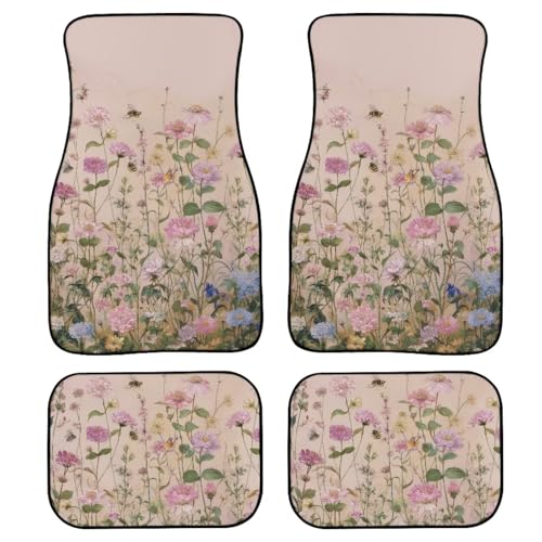 Floral All Weather Carpet Vehicle Floor Mats, Rural Bee Wildflower 4-Piece Universal Fit Floor Mat Interior Accessories, Countryside Anti-Slip Mats for 1st & 2nd Row - color: Rural Bee Wildflower
