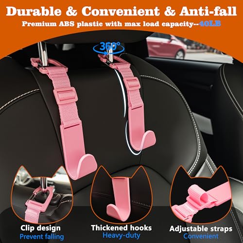 Amooca Car Headrest Hooks 4 Pack Adjustable Universal Fit Auto Seat Back Organizer Storage Hanger Purse Bags Holder with Clip Pink - color: Pink