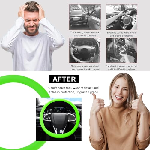 DXNQ Car Steering Wheel Cover, 13 to 14.17 inches Anti-Slip Silicone Steering Wheel Protector, Soft Flexible Shock-Absorbent Steering Wheel Protective Cover for Most Car Models (Green) - color: Green