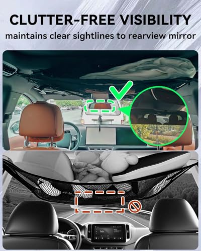 Car Ceiling Cargo Net with 2 Pockets - 31.5"x21.6" Cross-Strap Reinforced Double-Layer Mesh Organizer, Adjustable for SUVs, Sedans - Road Trips, Camping, Commuting Storage Organization - size: 31.5"x21.6"