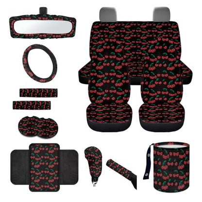 Wanyint Cherry Black Car Seat Covers Set - 14 Pcs, Includes Seat, Steering Wheel, Seat Belt, Trash Bin, Rear View Mirror, Armrest, Gear Shift Covers - color: Cherry Black
