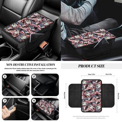 Wanyint Car Seat Cover Set for 4th of July, with Steering Wheel Seat Belt Strap Rearview Mirror Handbrake Gear Shift Knob Cover Rubbish Bin Armrest Pad Coasters, 14 PCS, American Flag Eagle Print - color: American Flag Eagle Print
