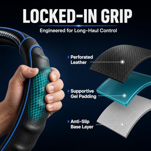 18 Inch Semi Truck Steering Wheel Cover for Freightliner Cascadia, Kenworth T680 T880, Peterbilt 579, Volvo VNL - Anti-Slip Carbon Fiber Grip - Carbon Blue - color: Black Blue