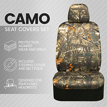 BDK Hunter Camo Car Seat Covers Full Set with Camo Steering Wheel Cover and Seat Belt Cover Pad – Forest Camouflage Pattern, Automotive Front Seat & Bench Back Seat Cover for Cars Trucks SUV - color: Hunter Camo
