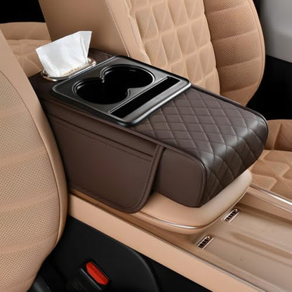 Car Armrest Pad, Universal Armrest Cushion Pad, Leather Armrest Box Pad - color: With cup holder, Brown