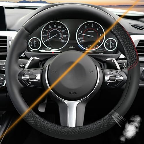 Leather Patchwork Black Steering Wheel Cover, 14.5-15 Inch Non-Slip Breathable Microfiber Car Steering Wheel Protector - color: Leather Patchwork - Black