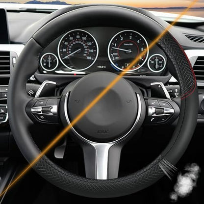 Leather Patchwork Black Steering Wheel Cover, 14.5-15 Inch Non-Slip Breathable Microfiber Car Steering Wheel Protector - color: Leather Patchwork - Black