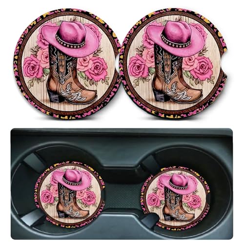 Car Coasters for Cup Holders,2 Pack Western Cowboy Hat Boots Car Coasters,2.75" Universal Size Anti Slip Rubber Mat,Automotive Cup Holder Decal Decor Accessories,Gifts for Women,Men,Mom - color: Cowgirl