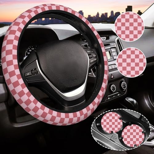 Red Checkered Steering Wheel Cover for Women, Universal Auto Steering Wheel 14-15 Inch Car Interior Accessories with 2PCS Car Coasters, Suitable for Men and Women - color: red2