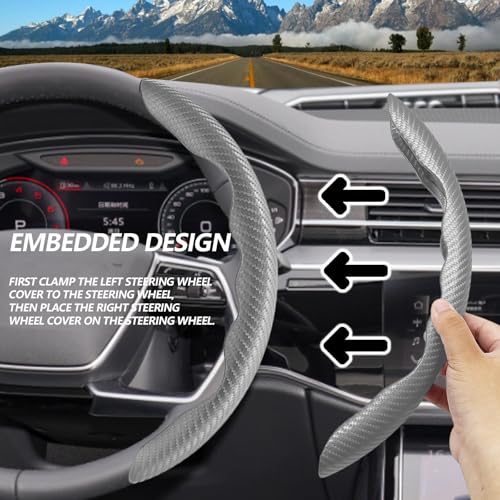 2pcs Universal Fit Carbon Fiber Steering Wheel Cover, Anti-Skid Steering Wheel Cover/Segmented Steering Wheel Protector/Car Interior Accessories (Gray) - color: Gray